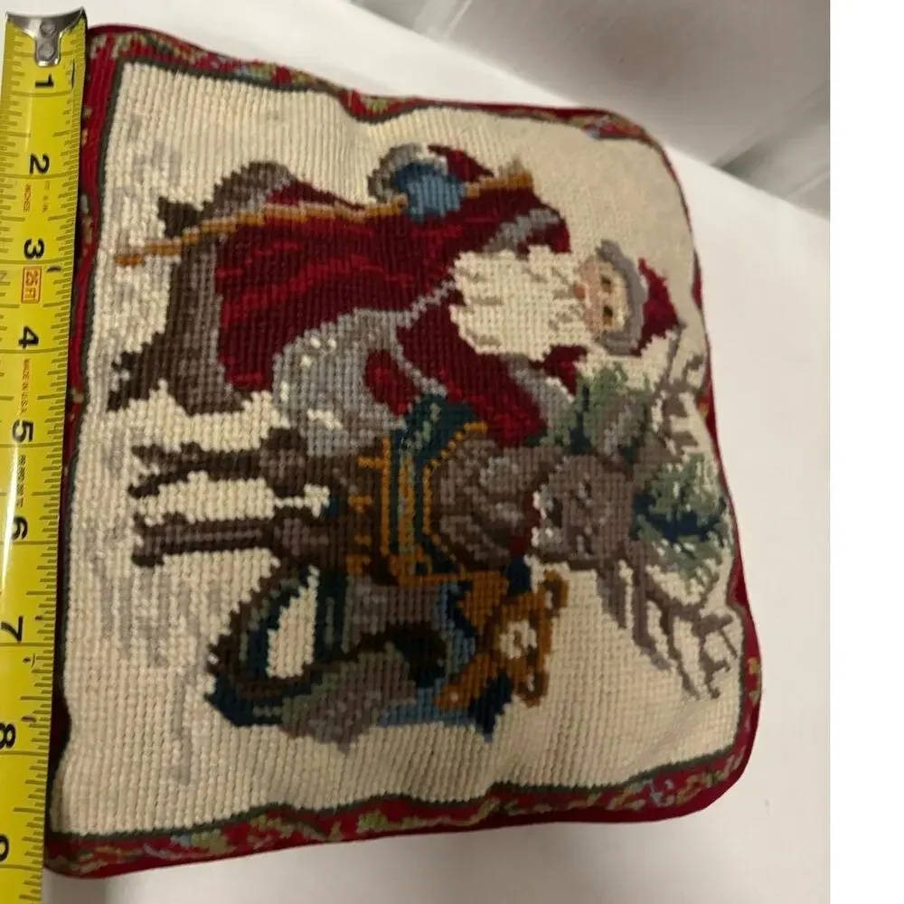 Vintage Christmas Accent Needlepoint Santa & Reindeer Pillow Red Velvet 9x9